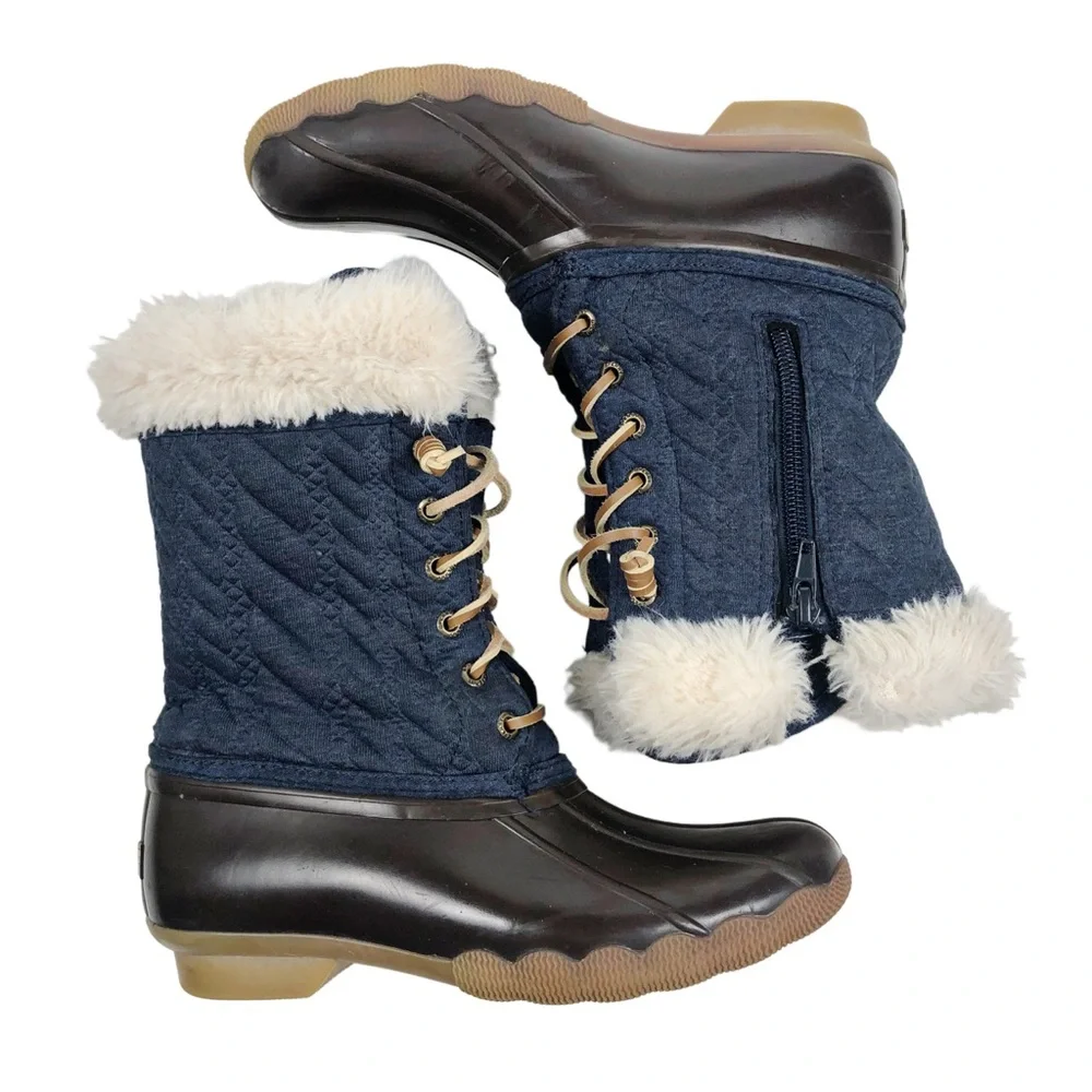Sperry Girls Navy Quilted Winter Boots with Faux Fur Trim Sz 2